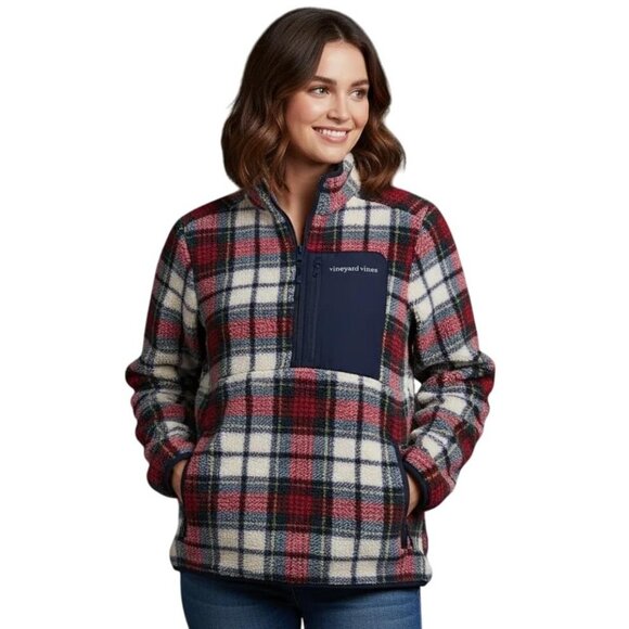Vineyard Vines Red/Navy Blue Plaid Sherpa Fleece Half Zip Pullover Sweater XS - Picture 1 of 13